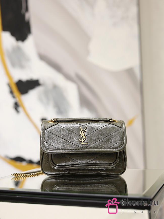 YSL Niki Mini In Vintage Leather Green - 18x12.5x5cm - 1