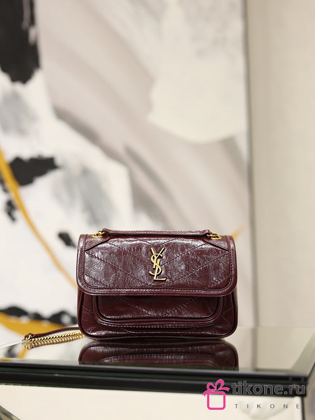 YSL Niki Mini In Vintage Leather Burgundy - 18x12.5x5cm - 1