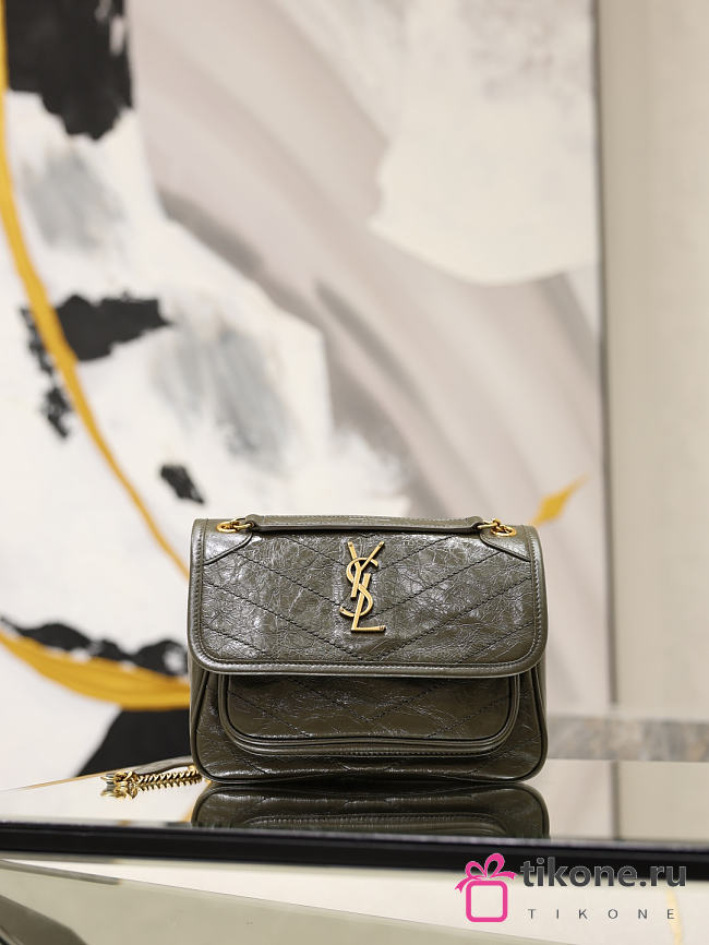 YSL Niki Baby In Vintage Leather Green - 21x16x7.5cm - 1