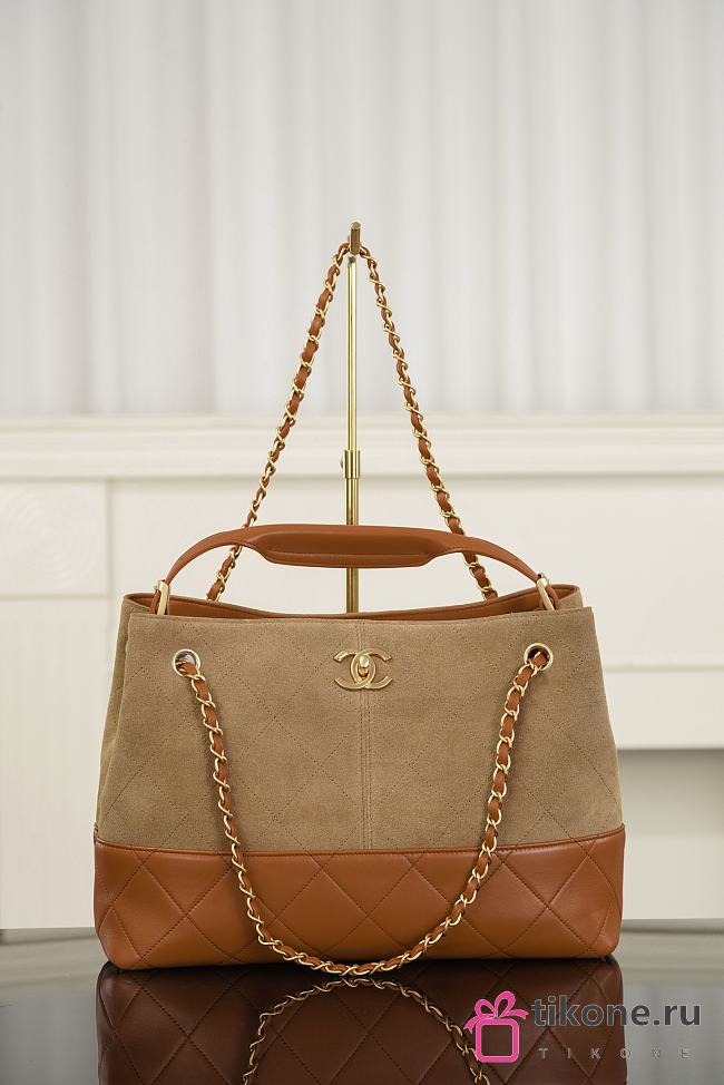 Chanel Small Tote Suede Calfskin Shiny Lambskin & Gold-Tone Metal Beige & Brown - 36x24x14cm - 1