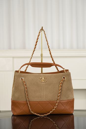 Chanel Small Tote Suede Calfskin Shiny Lambskin & Gold-Tone Metal Beige & Brown - 36x24x14cm