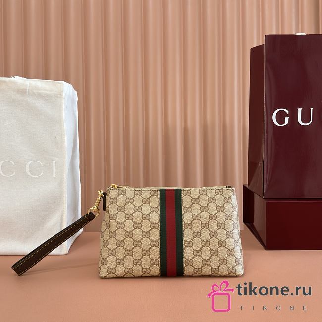 Gucci Small GG Pouch with Web Sand and Brown GG Canvas 875821 - 25.5x15x10cm - 1