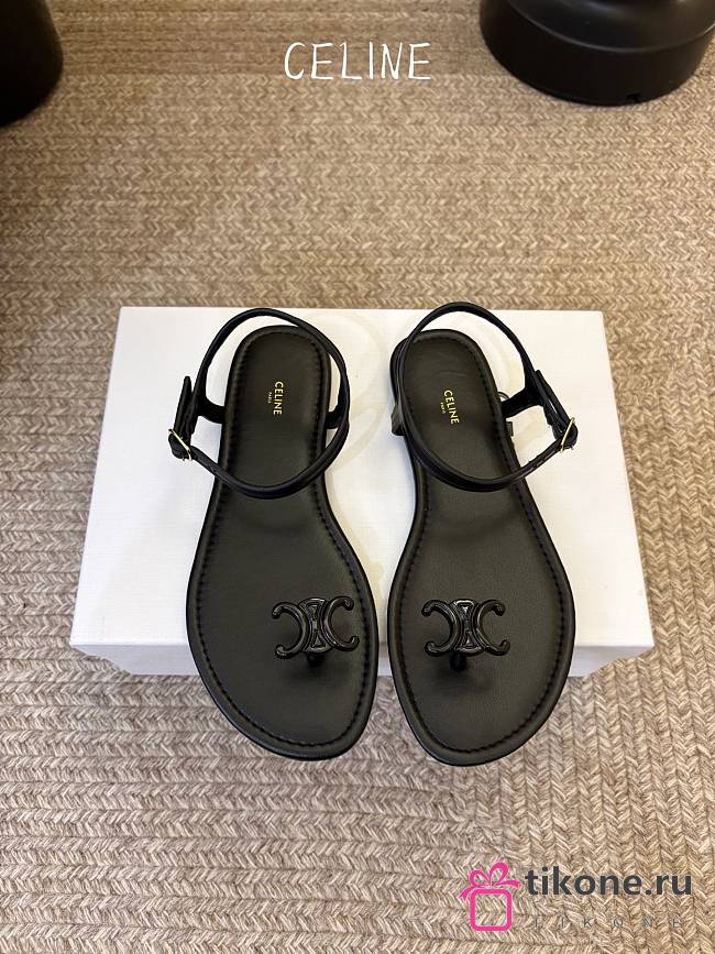 Celine Bay Triomphe Thong Sandal In Supple Calfskin Black - 1