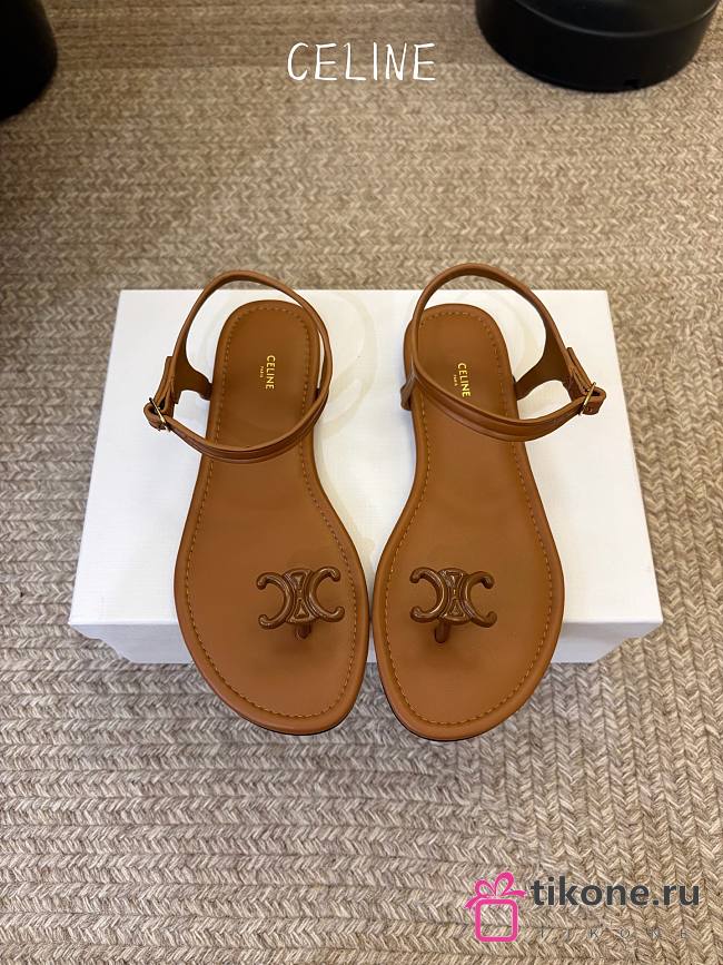 Celine Bay Triomphe Thong Sandal In Supple Calfskin Brown - 1