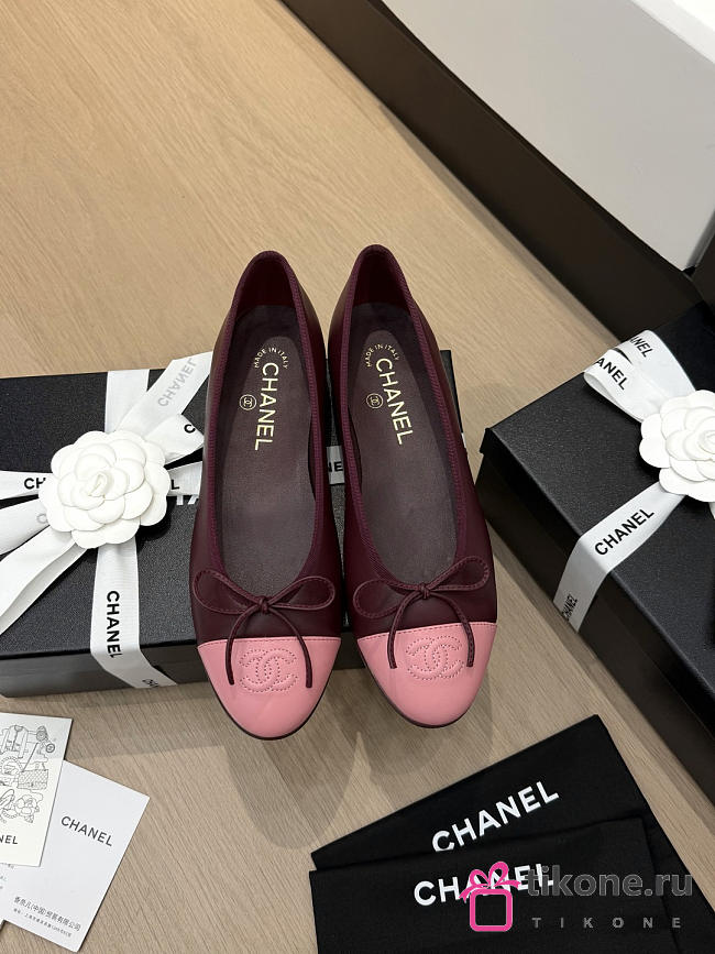 Chanel Ballet Flats Lambskin Burgundy & Pink G02819 - 1