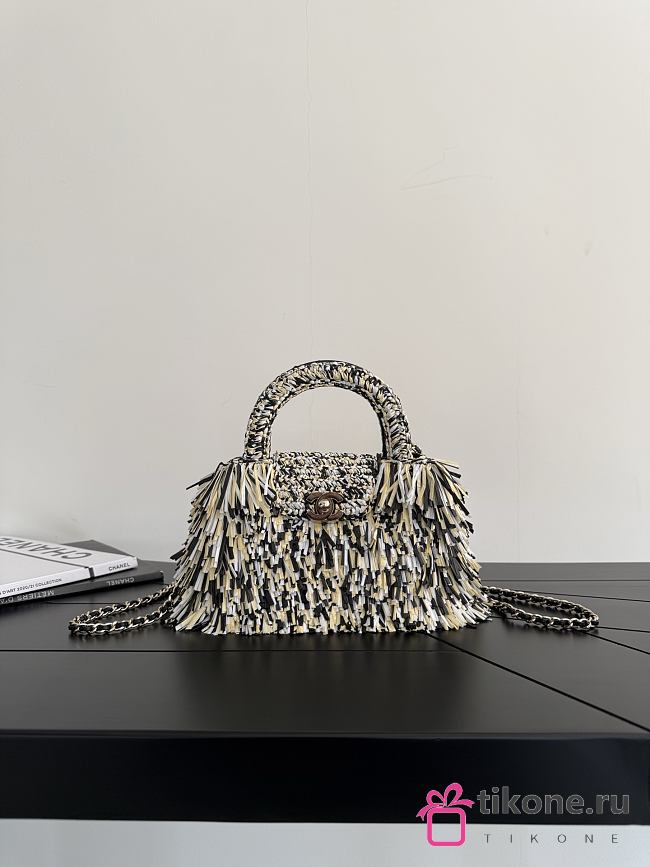 Chanel Mini Shopping Bag Raffia-Effect Fabric Wood & Gold-Tone Metal Black/White/Beige - 19x13x7cm - 1