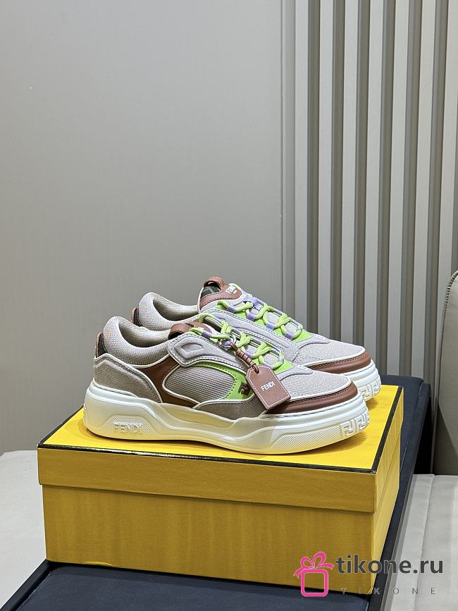 Fendi Force Sneakers Beige Mesh and Brown Leather Low-Tops - 1