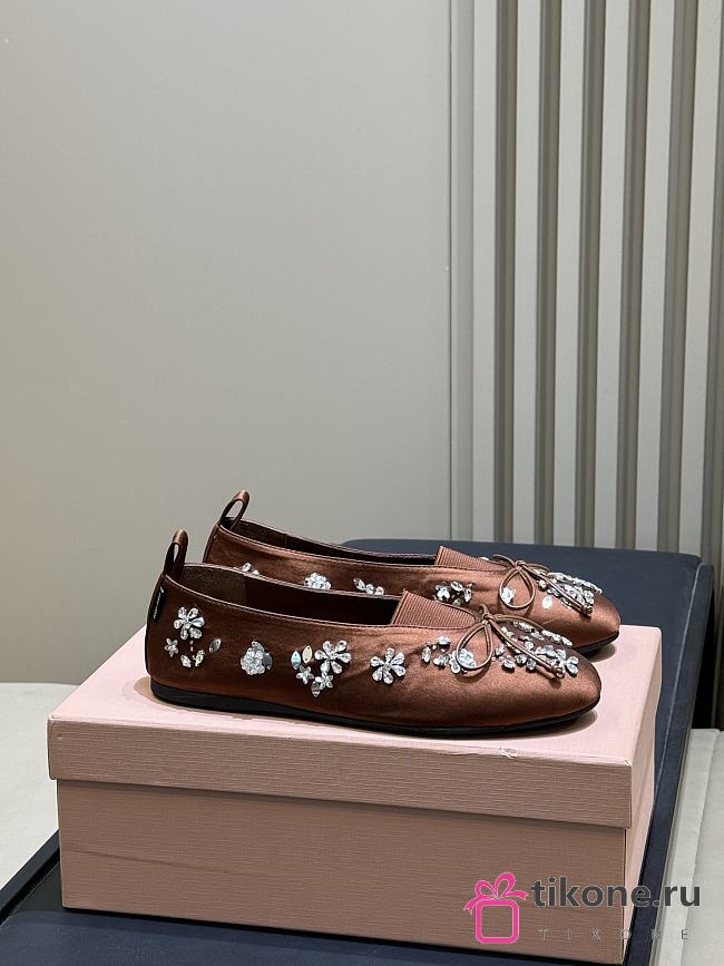 Miumiu Elan Embroidered Satin Ballerinas Brown - 1