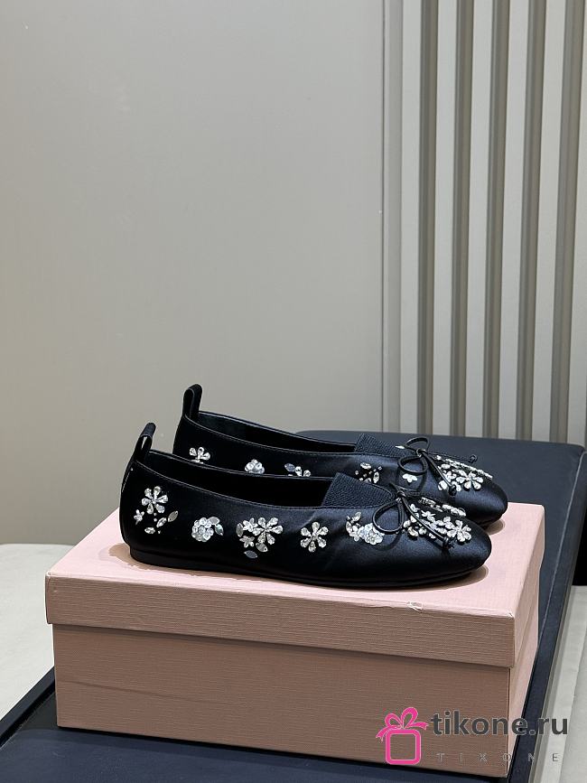 Miumiu Elan Embroidered Satin Ballerinas Black - 1