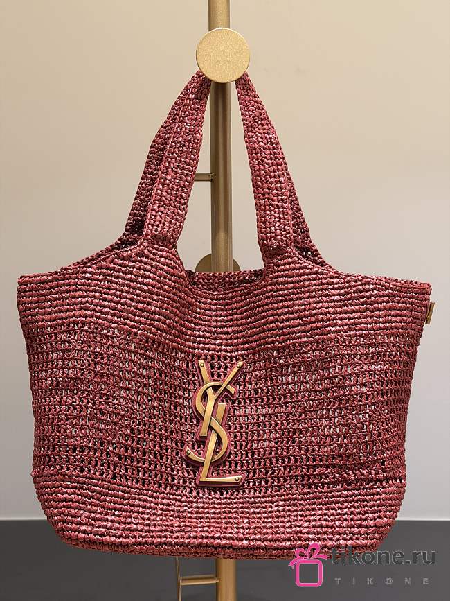 YSL Icare Medium In Raffia Rouge Cabernet - 31-46x28x5-15cm - 1