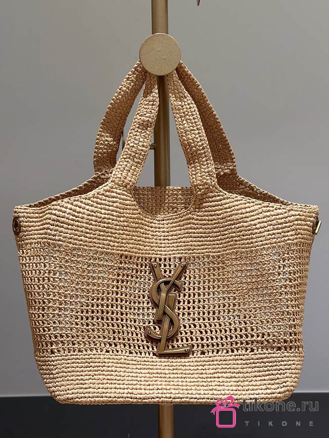 YSL Icare Medium In Raffia Rouge Natural - 31-46x28x5-15cm - 1