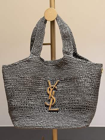 YSL Icare Medium In Raffia Rouge Gray - 31-46x28x5-15cm