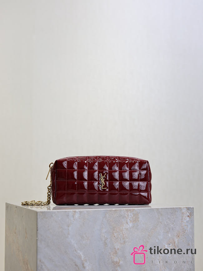 YSL Cassandre Matelasse Carre Pouch On Chain In Shiny Canvas Dark Red Wine - 18.5x8.5x4cm - 1
