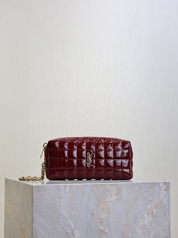 YSL Cassandre Matelasse Carre Pouch On Chain In Shiny Canvas Dark Red Wine - 18.5x8.5x4cm