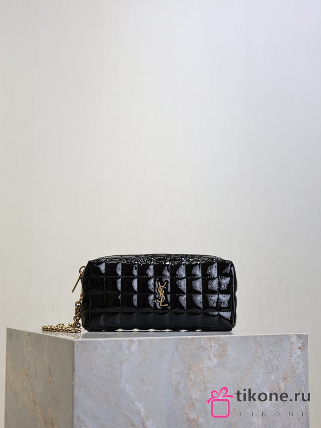 YSL Cassandre Matelasse Carre Pouch On Chain In Shiny Canvas Black - 18.5x8.5x4cm - 1