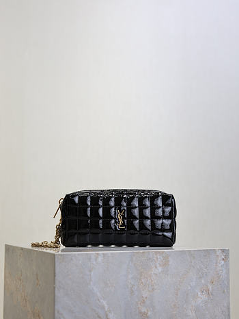 YSL Cassandre Matelasse Carre Pouch On Chain In Shiny Canvas Black - 18.5x8.5x4cm