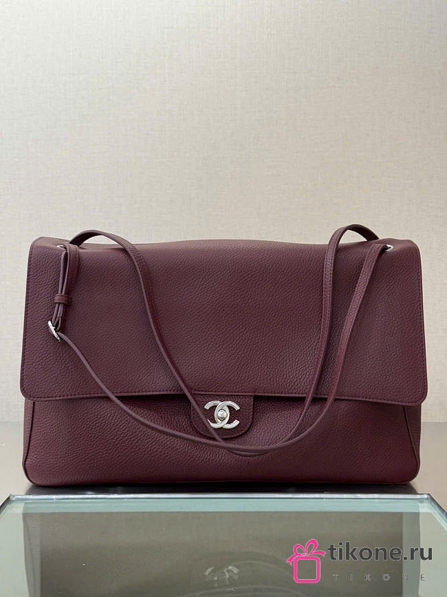 Chanel Maxi Flapbag Grained Calfskin & Silver Metal Dark Burgundy - 38.5x26x11cm - 1