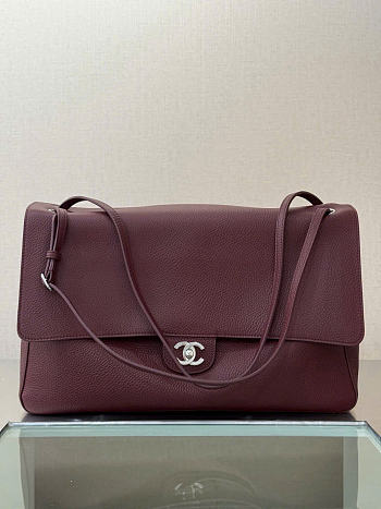 Chanel Maxi Flapbag Grained Calfskin & Silver Metal Dark Burgundy - 38.5x26x11cm