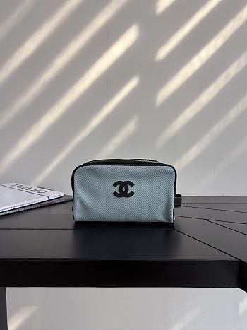 Chanel Large Zipped Pouch Canvas Calfskin & Silver-Tone Metal Blue & Black AP5267 - 29x17x12cm