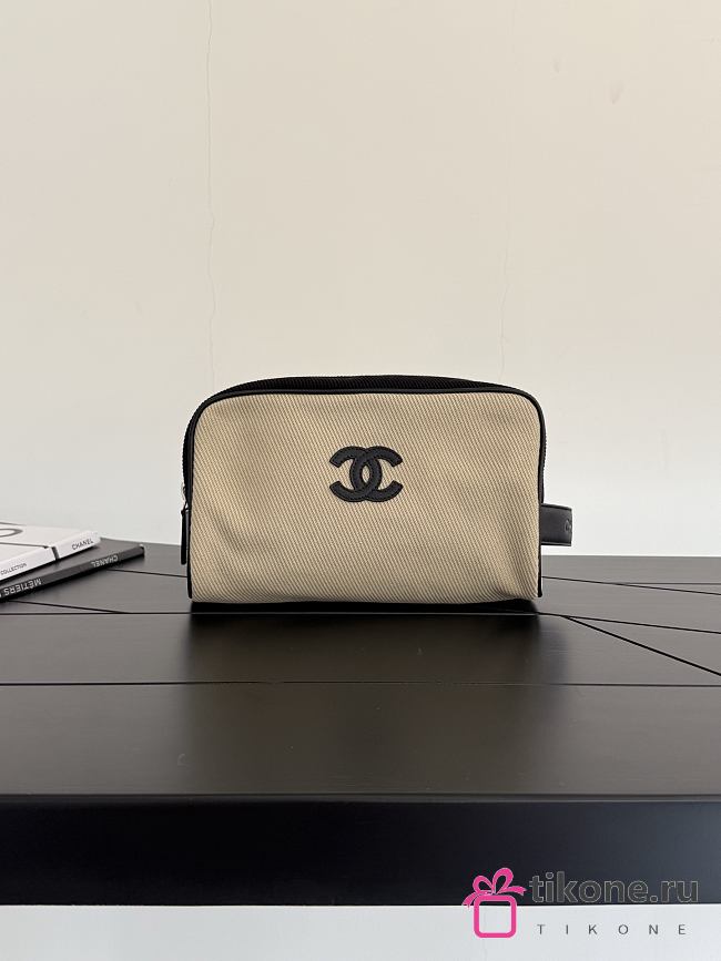 Chanel Large Zipped Pouch Canvas Calfskin & Silver-Tone Metal Beige & Black AP5267 - 29x17x12cm - 1