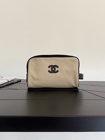 Chanel Large Zipped Pouch Canvas Calfskin & Silver-Tone Metal Beige & Black AP5267 - 29x17x12cm