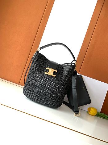 Celine Medium Louise Bucket In Raffia And Calfskin Black - 24x23.5x16cm