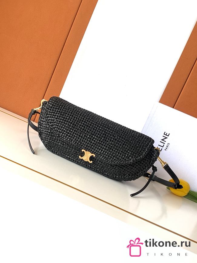 Celine Little Halfmoon Soft Triomphe In Raffia And Lambskin Black - 25x13x5cm - 1