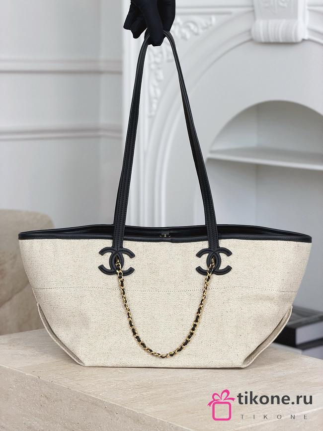 Chanel Small Shopping Bag Canvas Calfskin & Gold-Tone Metal Ecru & Black AS6285 -  45x19x21cm - 1