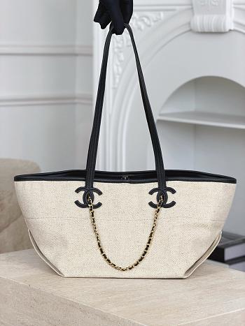 Chanel Small Shopping Bag Canvas Calfskin & Gold-Tone Metal Ecru & Black AS6285 -  45x19x21cm
