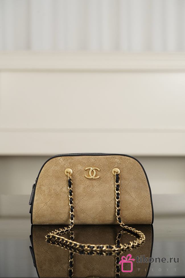 Chanel Bowling Bag Suede Calfskin, Calfskin & Silver-Tone Metal Beige - 19x5x11.7x5.5cm - 1
