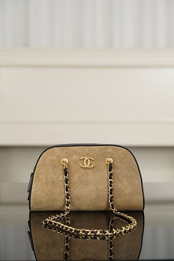 Chanel Bowling Bag Suede Calfskin, Calfskin & Silver-Tone Metal Beige - 19x5x11.7x5.5cm