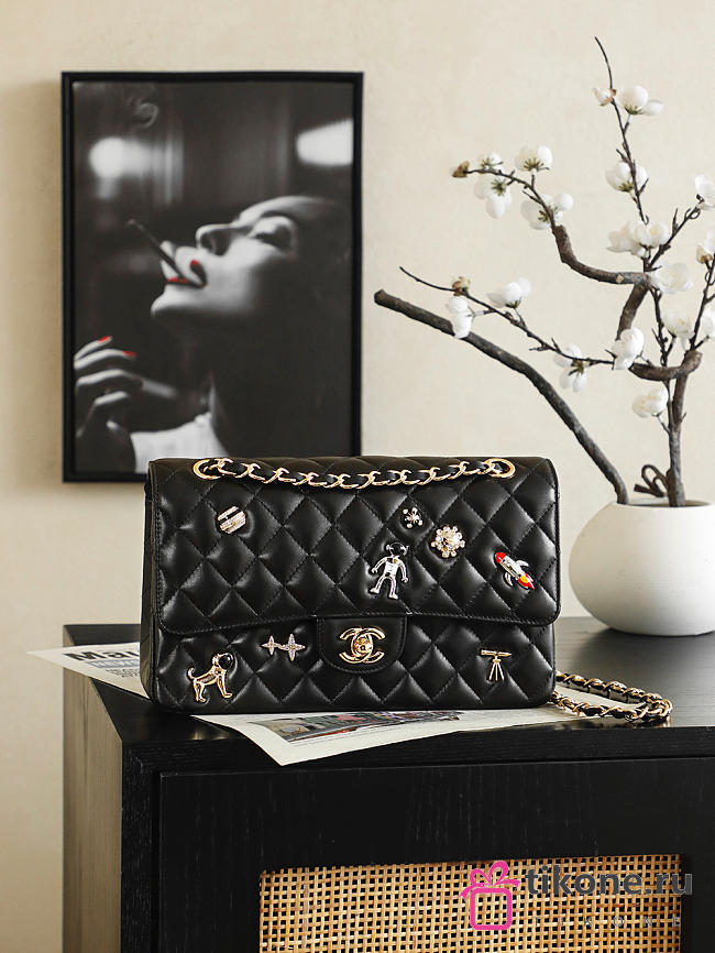 Chanel Classic 11.12 Handbag Lambskin, Enamel, Strass, Silver-Tone & Gold-Tone Metal Black A01112 - 15.5x25.5x6.5cm - 1