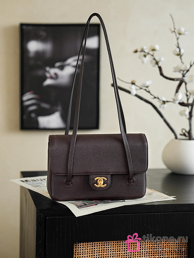 Chanel Small Flap Bag Grained Shiny Calfskin & Gold-Tone Metal Dark Brown - 15x22x7cm - 1