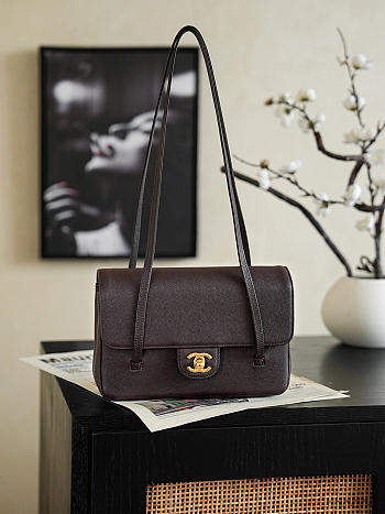 Chanel Small Flap Bag Grained Shiny Calfskin & Gold-Tone Metal Dark Brown - 15x22x7cm