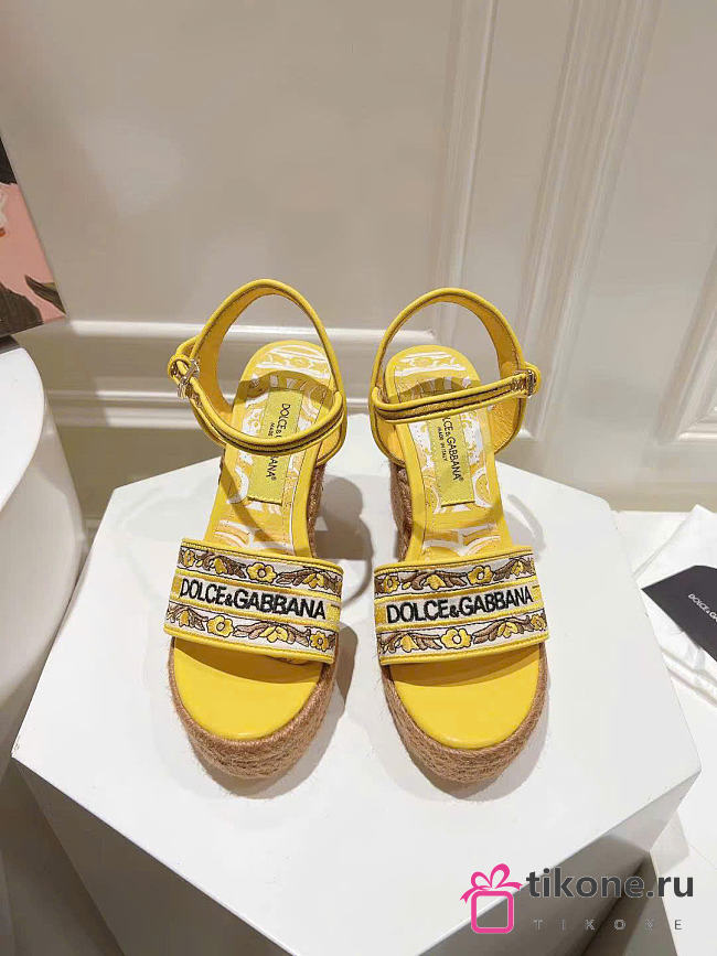 Dolce & Gabbana Majolica-embroidery Wedge Sandals Yellow 90mm - 1