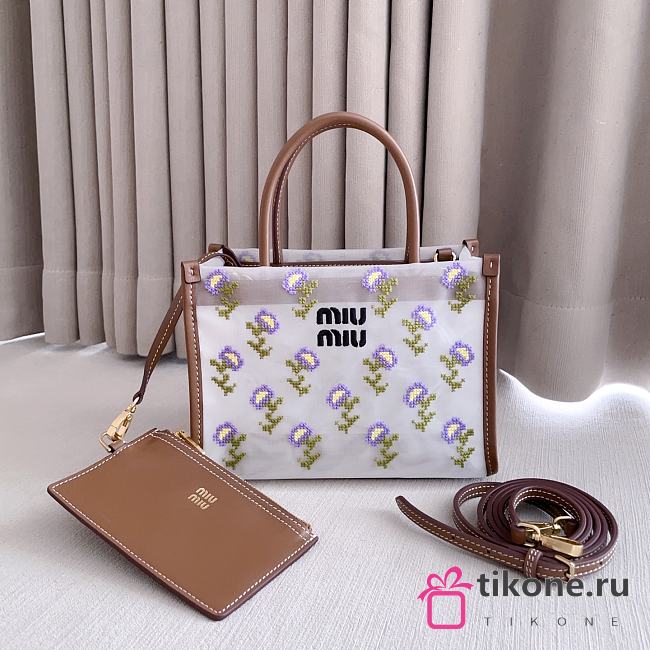 Miumiu Embroidered Mesh Top-Handle Bag Brown 5BA310 - 19.5x14x9cm - 1