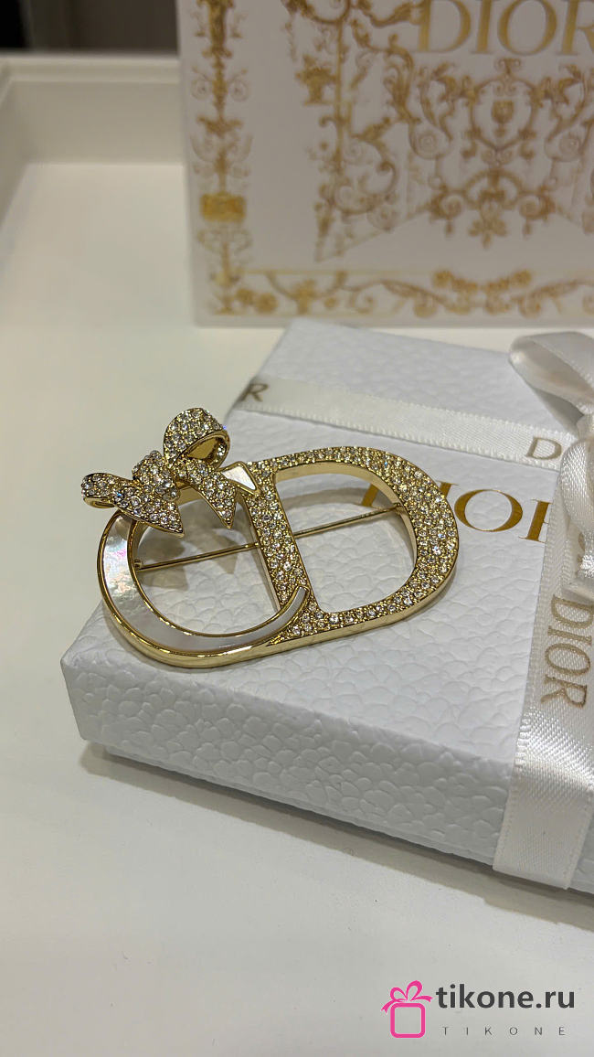 Dior Or – Dior Shiny Bow Brooch Gold-Finish Metal, Natural Mother-of-Pearl and White Crystals V1860WOMMP - 1