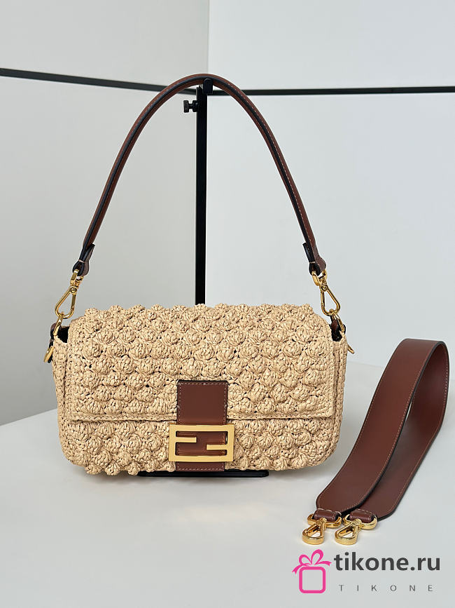 Fendi Baguette Hazelnut-stitch Raffia-Effect Material Bag Beige - 27x6x15cm - 1