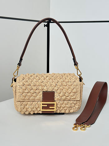 Fendi Baguette Hazelnut-stitch Raffia-Effect Material Bag Beige - 27x6x15cm