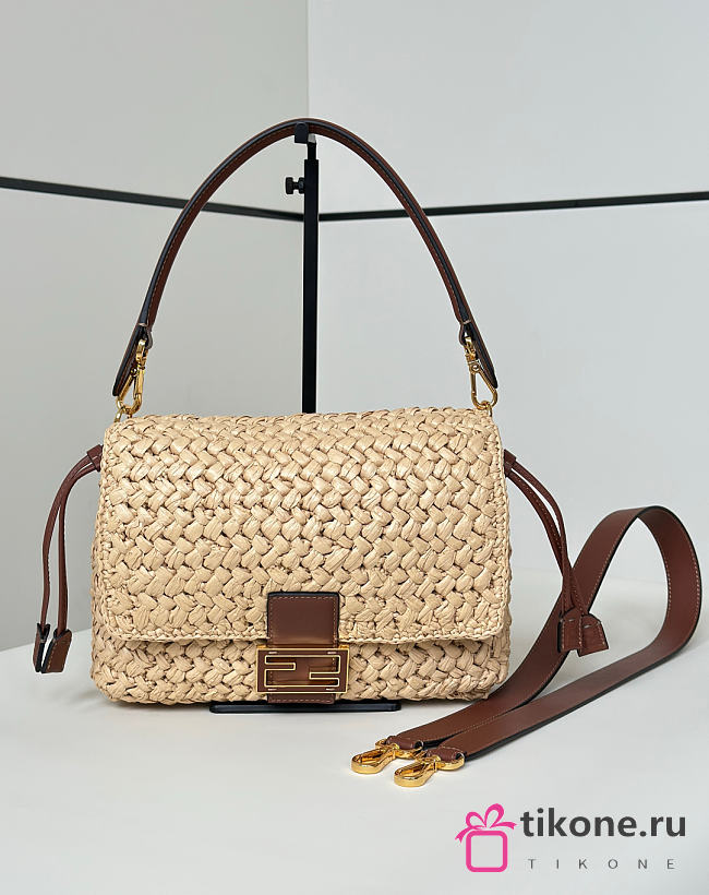 Fendi Mamma Baguette Medium Woven Raffia-effect Material Bag Beige - 26.5x18x8.5cm - 1