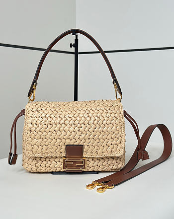 Fendi Mamma Baguette Medium Woven Raffia-effect Material Bag Beige - 26.5x18x8.5cm