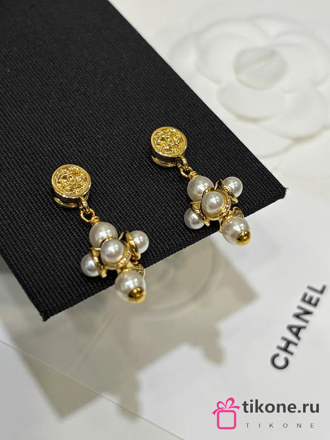 Chanel Pendant Earrings Metal & Glass Pearls Gold & Pearly White ABH297 - 1