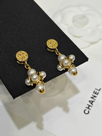 Chanel Pendant Earrings Metal & Glass Pearls Gold & Pearly White ABH297