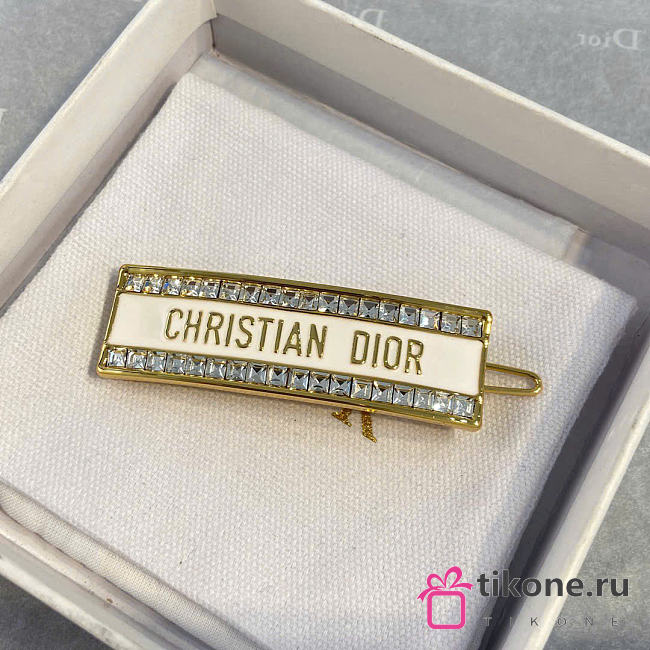Dior Metal Hair Barrete Gold-Finish Metal with Silver-Tone Crystals and White Lacquer - 1
