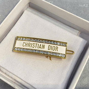 Dior Metal Hair Barrete Gold-Finish Metal with Silver-Tone Crystals and White Lacquer
