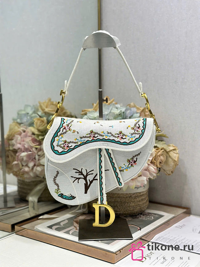 Dioramour Small Saddle Bag with Strap White Lambskin with Multicolor Revolution Flowers Motif - 20x16x5cm - 1
