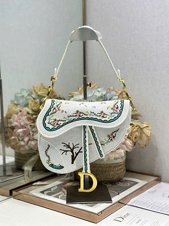 Dioramour Small Saddle Bag with Strap White Lambskin with Multicolor Revolution Flowers Motif - 20x16x5cm