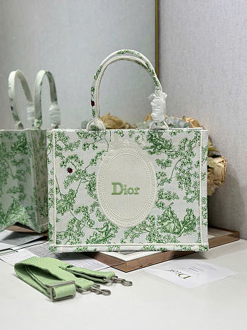 Medium Dior Book Tote with Strap Green Multicolor Toile de Jouy Clover Embroidery and White Dior Medaillon - 36x27.5x16.5cm