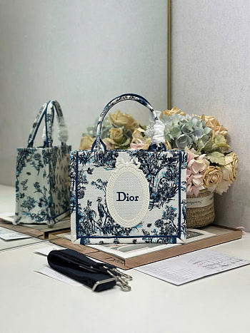 Small Dior Book Tote with Strap Blue Toile de Jouy Floral Garden Embroidery and White Dior Médaillon - 26.5x22x14cm