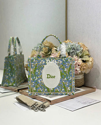Small Dior Book Tote with Strap Multicolor Lily of the Valley Embroidery with Dior Médaillon - 26.5x22x14cm